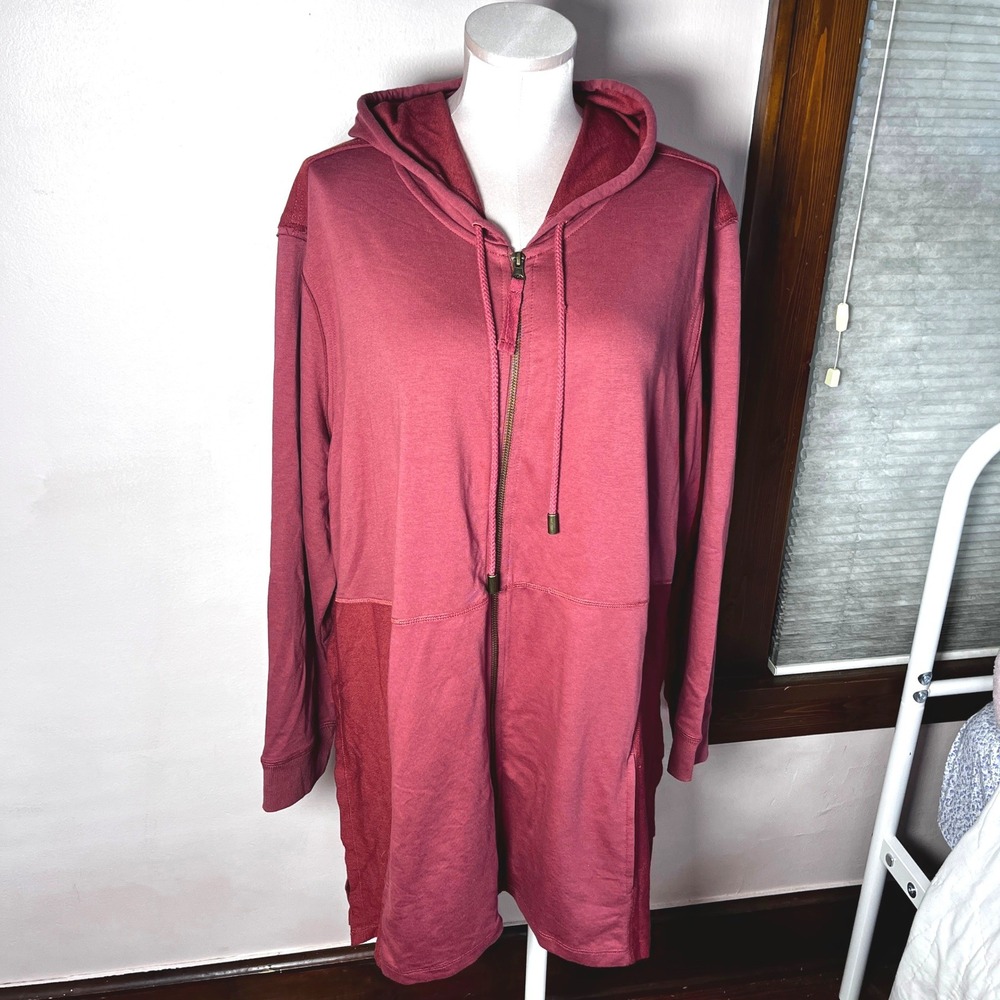 LOGO Lounge Lori Goldstein Full Zip Tunic Hoodie Jacket Burgundy 2X Textured